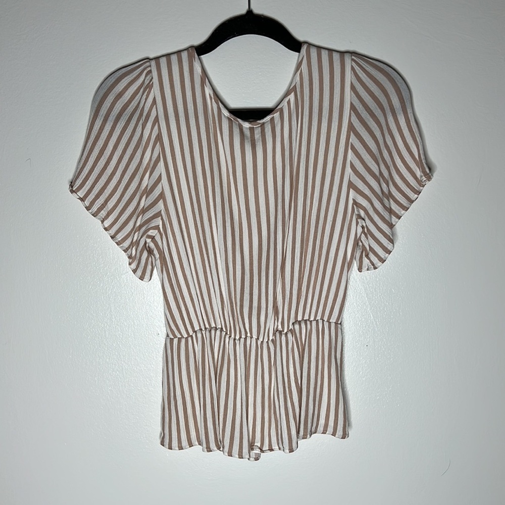 Button-Through Flutter Sleeve Top - Tan Stripe - … - image 3